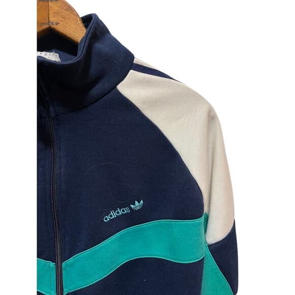Vintage 90s Adidas White Navy Teal Blue Full Zip Track Jacket Warm Up Men Large - Picture 2 of 7